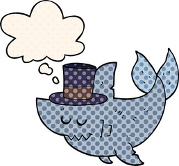 cartoon shark wearing top hat and thought bubble in comic book style