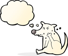 cartoon dog scratching with thought bubble