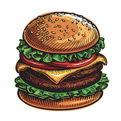 Big Burger isolated. Cheeseburger for fast food restaurant menu. Colorful vector illustration pop art comic style