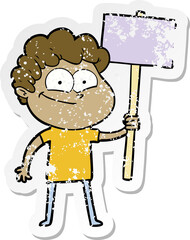 distressed sticker of a cartoon happy man