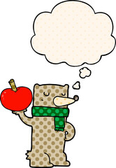 cartoon bear with apple and thought bubble in comic book style