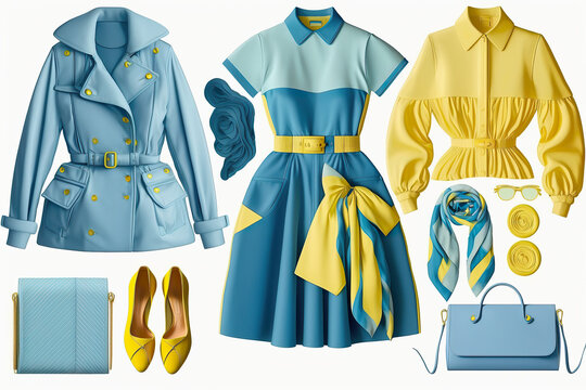Fashion women's clothes isolated set. Blue yellow apparel collage. Girls beautiful clothing. Lady's collection of textile, created with Generative AI
