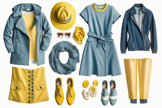 Fashion women's clothes isolated set. Blue yellow apparel collage. Girls beautiful clothing. Lady's collection of textile, created with Generative AI