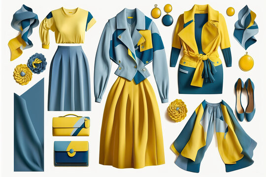 Fashion women's clothes isolated set. Blue yellow apparel collage. Girls beautiful clothing. Lady's collection of textile, created with Generative AI