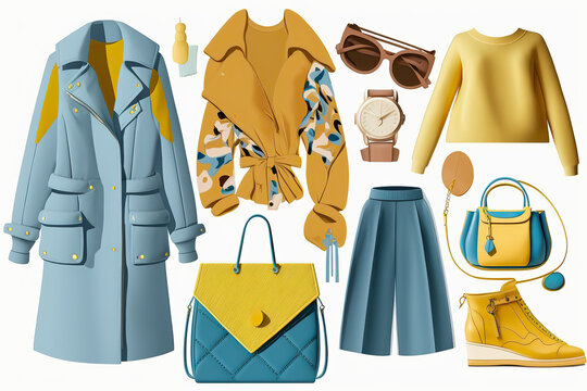 Fashion women's clothes isolated set. Blue yellow apparel collage. Girls beautiful clothing. Lady's collection of textile, created with Generative AI