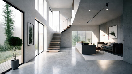 Obraz premium Interior Walkway of Modern Home, Living Room and Stair case 