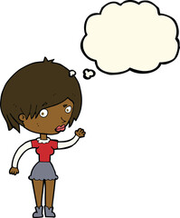 cartoon waving woman with thought bubble