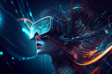Digital art. Girl in glasses of virtual reality. Augmented reality, dream, future technology, IA. 