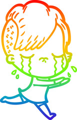 rainbow gradient line drawing cartoon crying girl running away