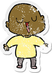 distressed sticker of a happy cartoon bald man