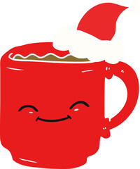 flat color illustration of a coffee mug wearing santa hat