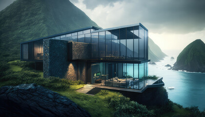 Fototapeta premium Modern Mansion, Black with Big Windows Cliff Side Luxury Real Estate Lake in Backroung