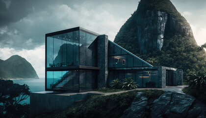 Modern Mansion, Black with Big Windows Cliff Side Luxury Real Estate  Lake in Backroung