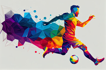 Creative silhouette of soccer player. Football player kicks the ball in trendy abstract colorful polygon style with rainbow back