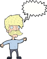 cartoon man with mustache waving with speech bubble