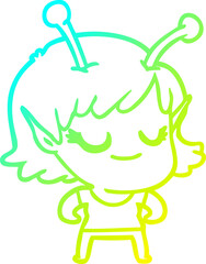 cold gradient line drawing smiling alien girl cartoon