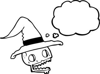 thought bubble cartoon skull wearing witch hat