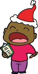 line drawing of a shouting bald man wearing santa hat