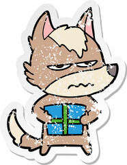 distressed sticker of a cartoon annoyed wolf