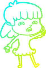cold gradient line drawing cartoon worried woman