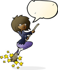 cartoon witch riding broomstick with speech bubble