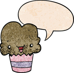cartoon cupcake and face and speech bubble in retro texture style