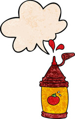 cartoon ketchup bottle and speech bubble in retro texture style