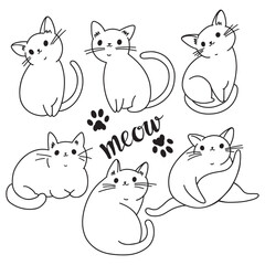 Cute cartoon cats on white. Hand-drawn vector illustration. Isolated elements for design. Black and white. Outline.