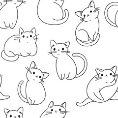 Seamless pattern with cartoon funny cats. Hand-drawn vector illustration on white. Animal art background. Perfect for design templates, wallpaper, wrapping, fabric and textile.
