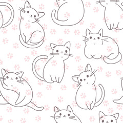 Seamless pattern with cartoon funny cats  and trace cat feet. Hand-drawn vector illustration on white. Animal art background. Perfect for design templates, wallpaper, wrapping, fabric and textile.