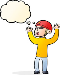 cartoon security man panicking with thought bubble