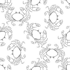 Seamless pattern with crabs on white background.  Hand drawn vector illustration. Perfect for wallpaper, wrapping, fabric and textile. Black and white.