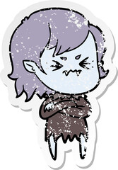 distressed sticker of a annoyed cartoon vampire girl