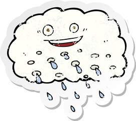 retro distressed sticker of a cartoon happy raincloud
