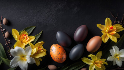 Fototapeta na wymiar Easter eggs with flowers on dark background. Generative AI