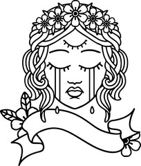 black linework tattoo with banner of female face crying with third eye