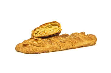 Cake of puff pastry with filling on white background, close-up