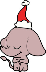 line drawing of a smiling elephant wearing santa hat