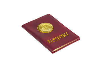 Bitcoin coin and passport on white background