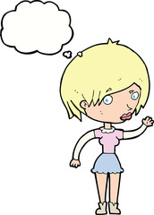 cartoon waving woman with thought bubble