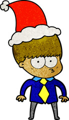 nervous textured cartoon of a boy wearing shirt and tie wearing santa hat