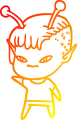 warm gradient line drawing cute cartoon alien girl
