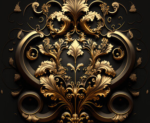 A golden coloured foliage baroque style ornament on a black background. Created with Generative AI.