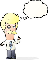 cartoon mna with mustache explaining with thought bubble