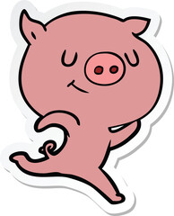 sticker of a happy cartoon pig running
