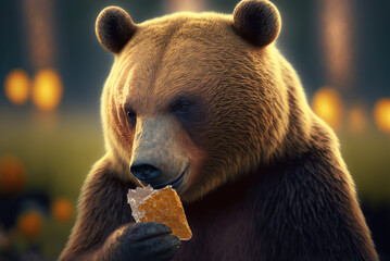 A portrait of a brown bear with a honeycomb. Created with Generative AI.