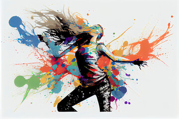 Fototapeta na wymiar The dancing girl with colorful spots and splashes on a light bac