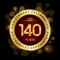 140th Anniversary Celebration. logo design with golden number and ring for anniversary celebration event, invitation, greeting card, banner, poster, flyer, brochure, book cover. Logo Vector Template