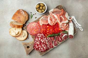 Antipasto platter cold meat board catering, banner, menu, recipe. place for text, top view