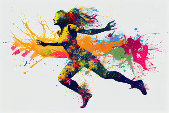 The dancing girl with colorful spots and splashes on a light bac